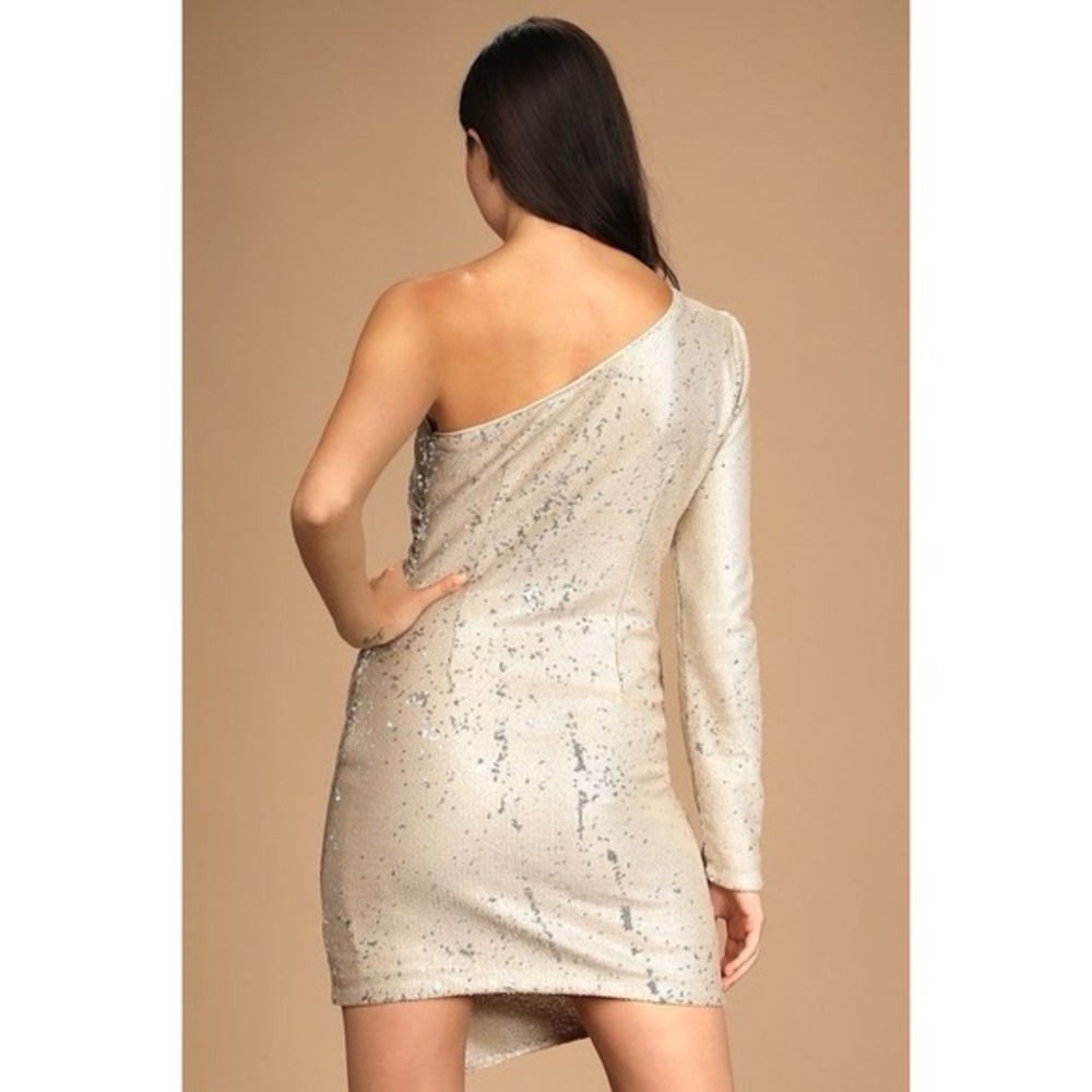 Lulus Shimmer Beauty Light Nude Sequin One-shoulder Bodycon Mini Dress Size M - Picture 4 of 7
